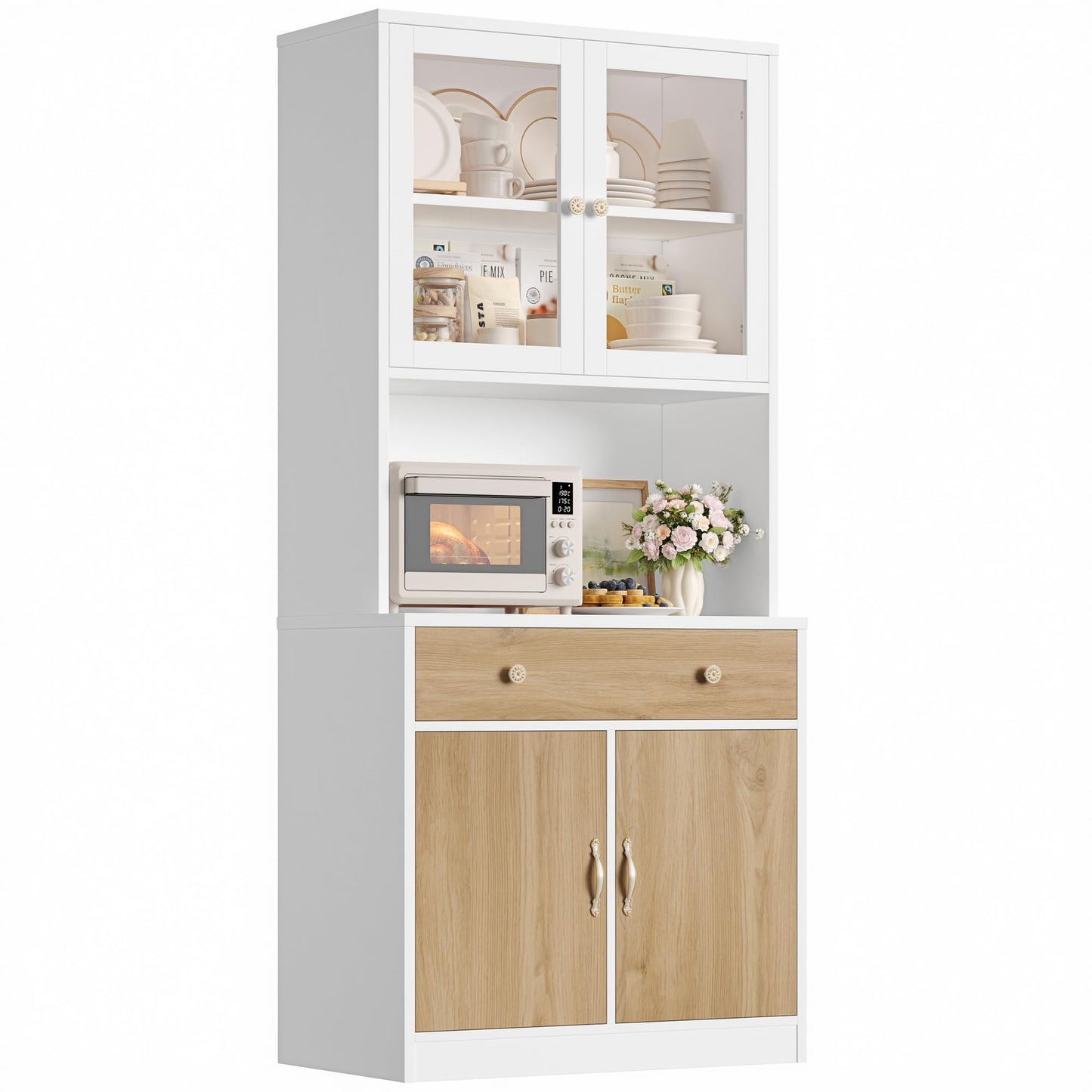 Keyluv 71" Tall Kitchen Pantry Storage Cabinet with Microwave Stand, Modern Kitchen Hutch with Countertop, Wood Coffee Buffet Hutch with Glass Doors, Drawer, Adjustable Shelves for Dining Room, Khaki