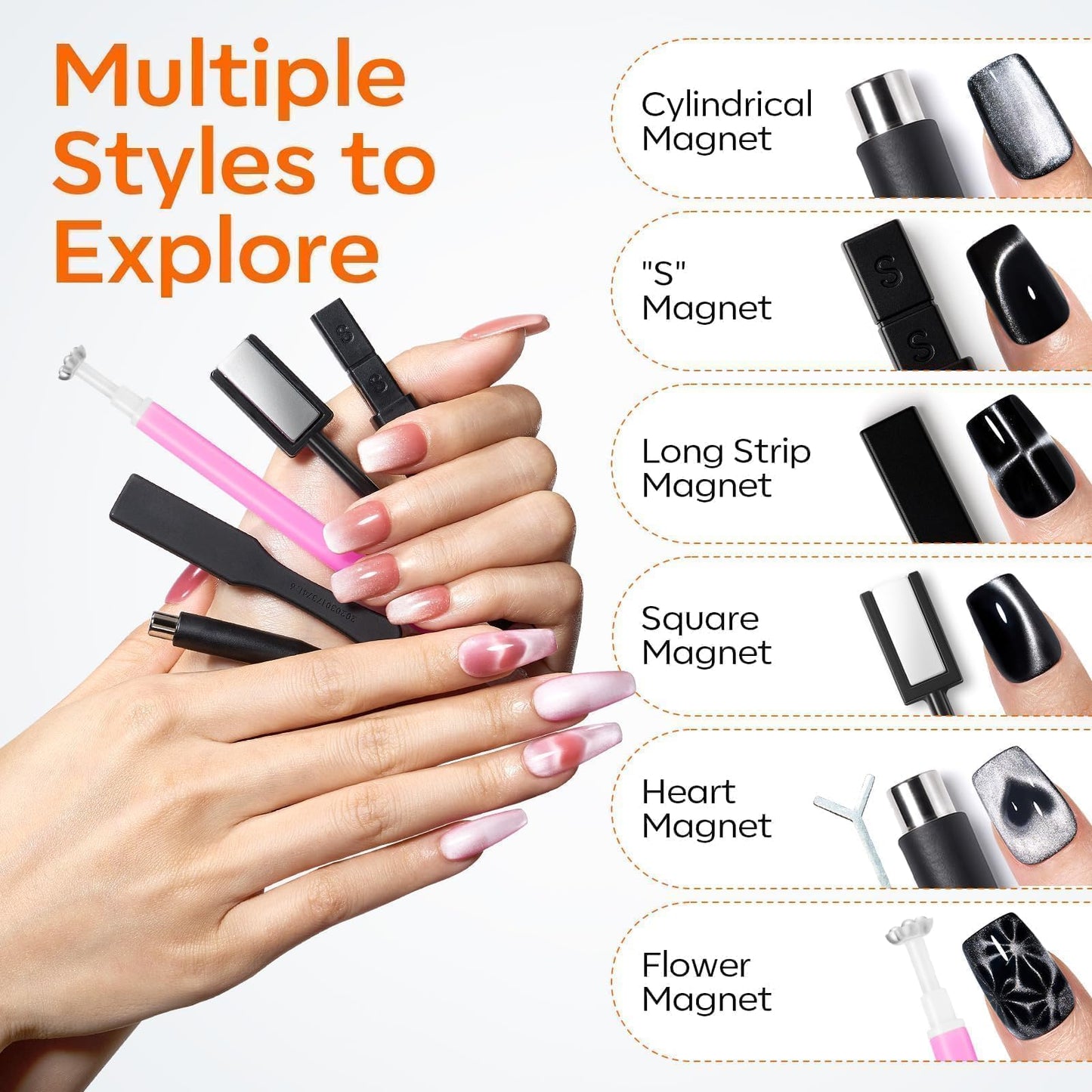 modelones Cat Eye Magnet, 15PCS Cateye Gel Polish Nail Magnet Nail Tools with Black Bead-Attracting Nail Magnet Pen & Heart-Shaped Magnet for Nail Perfect for Home DIY, Nail Art Design