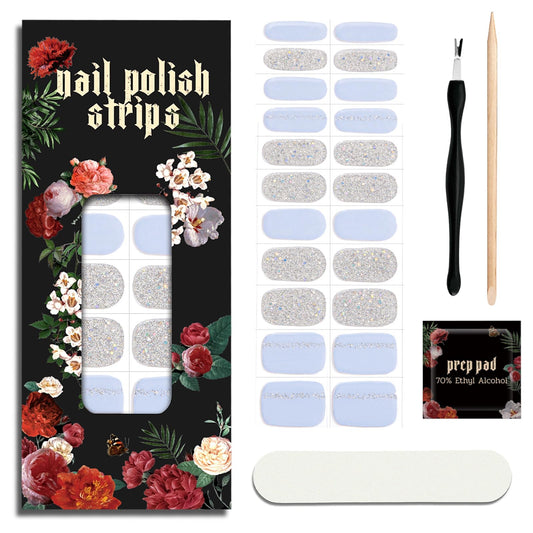 ruyeefam Nail Polish Strips (No UV Lamp Needed) - 22 Pcs Salon Quality Gel Nail Stickers - Long Lasting Wraps (Sky Sparkle Blue)