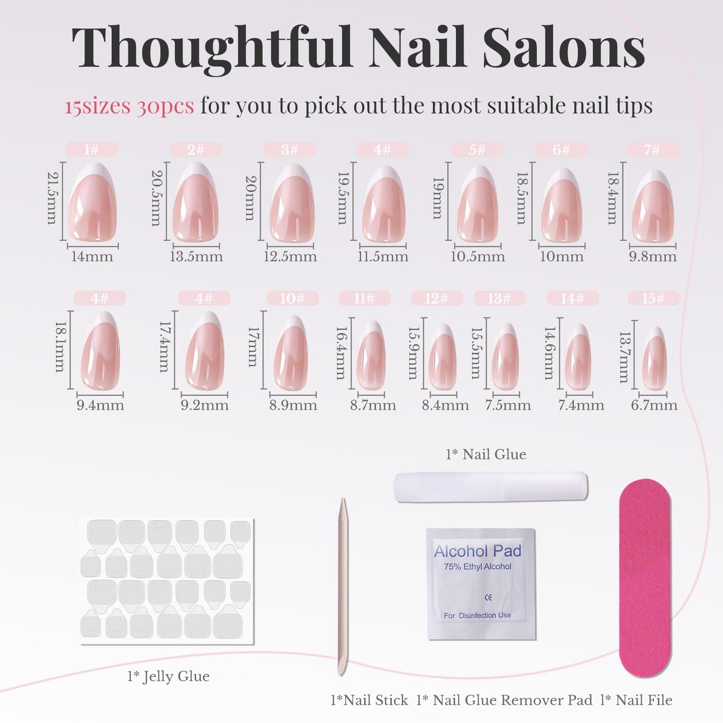 French Tip Press On Nails Acrylic - Short Almond Fake Nails Press ons, Reusable Glossy 30 Nail Kit with Glue, Adhesive Tabs, File, Manicure Stick, Prep Pad for Salon Quality or Fall Style