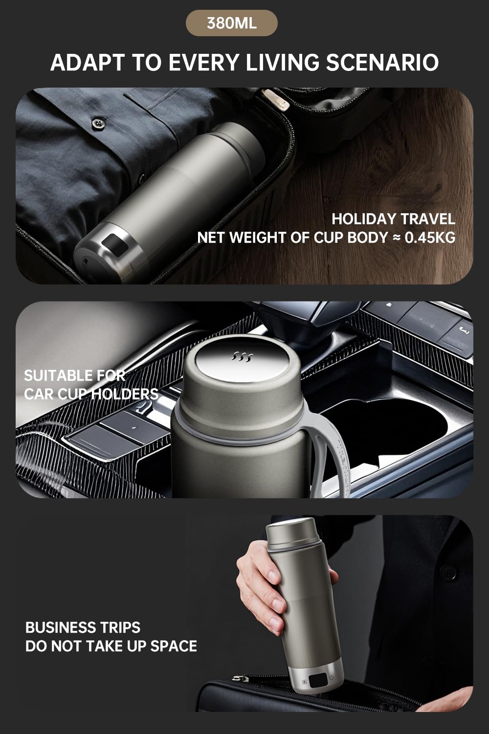 pure titanium electric kettle - portable water heater for travel, double-layer vacuum sealed titanium water bottle to boil and regulate temperature。100V-240V Smart Small Water Boiler for Tea 380ML