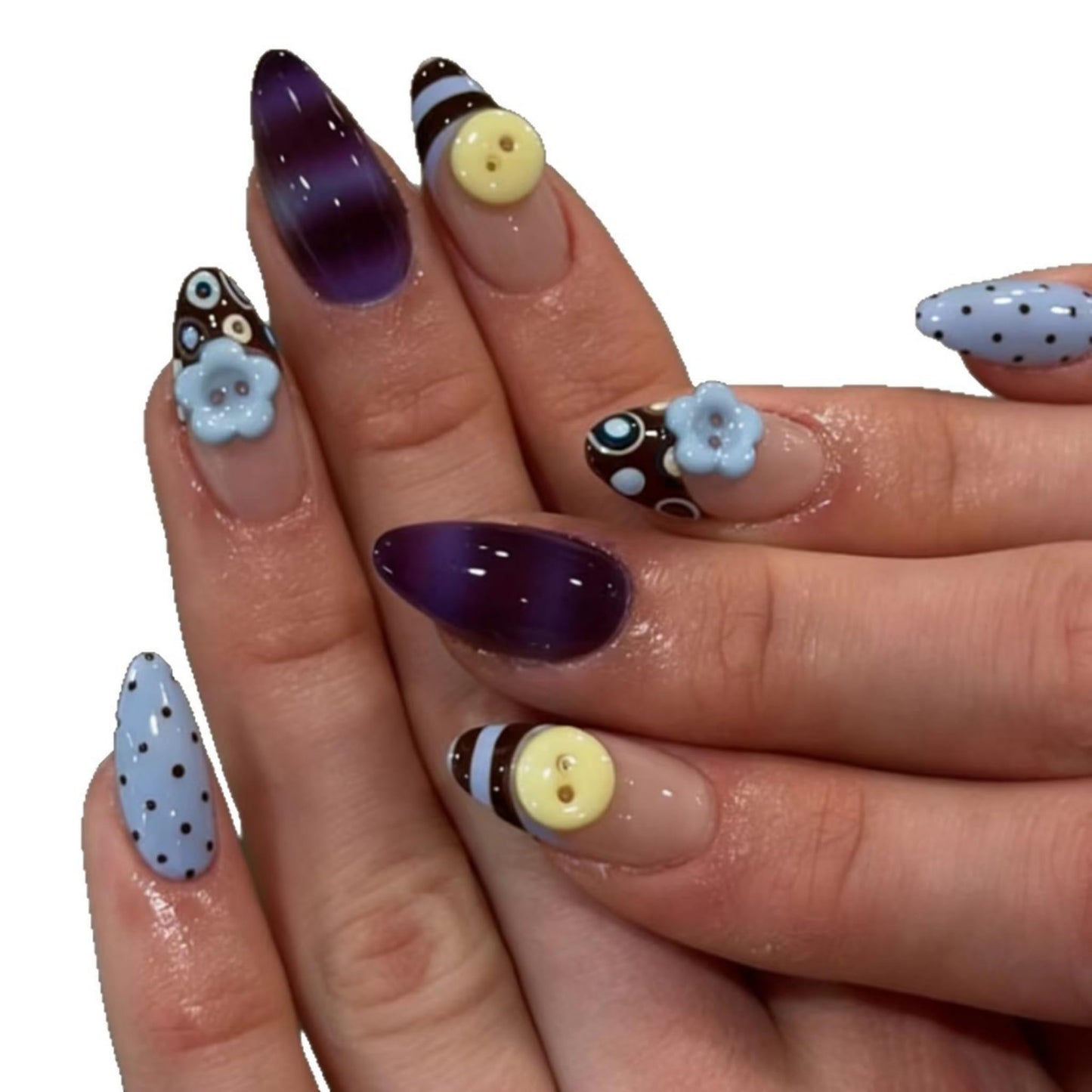 Long Press on Nails Almond Fake Nails Multicolor Artificial Nail Button Flower Polka Dot Purple Beach Glossy Stick on Nail Retro Cute Salon Look for Women 24pcs