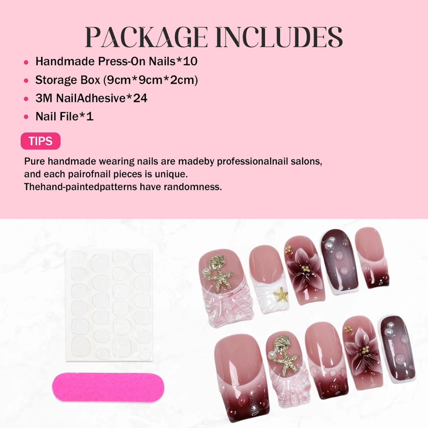 10Pcs Square Press on Nails Medium Handmade Fake Nails with 3D Flower Shell Starfish Design Acrylic Nails Press Ons Full Cover Artificial Gradient French Tip Stick on False Nail for Women (Size M)