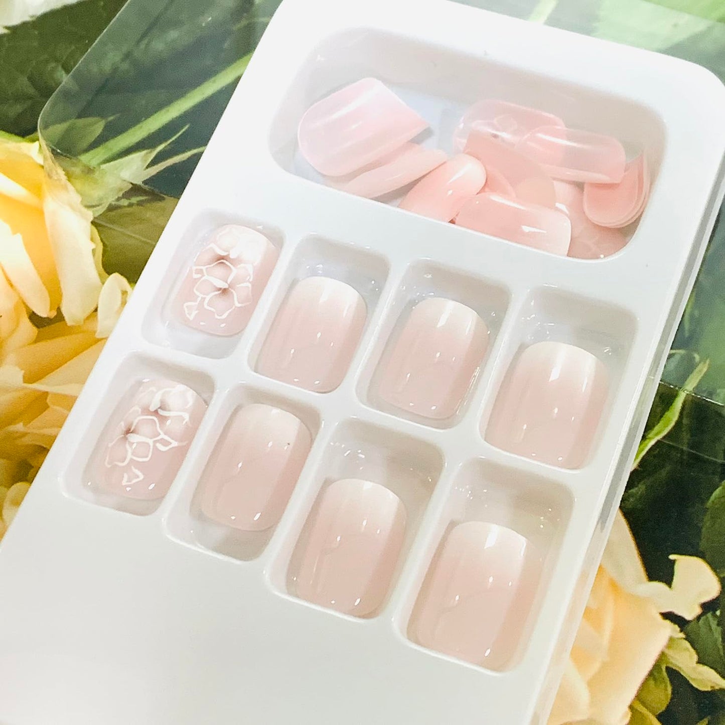 Vezocim Press on Nails Square Short 24Pcs French Tips Pink Press on Nails Coffin with Flower Designs Glossy Full Cover Acrylic Short False Nails Glue Fingernails Artificial Fake Nails for Women Girls