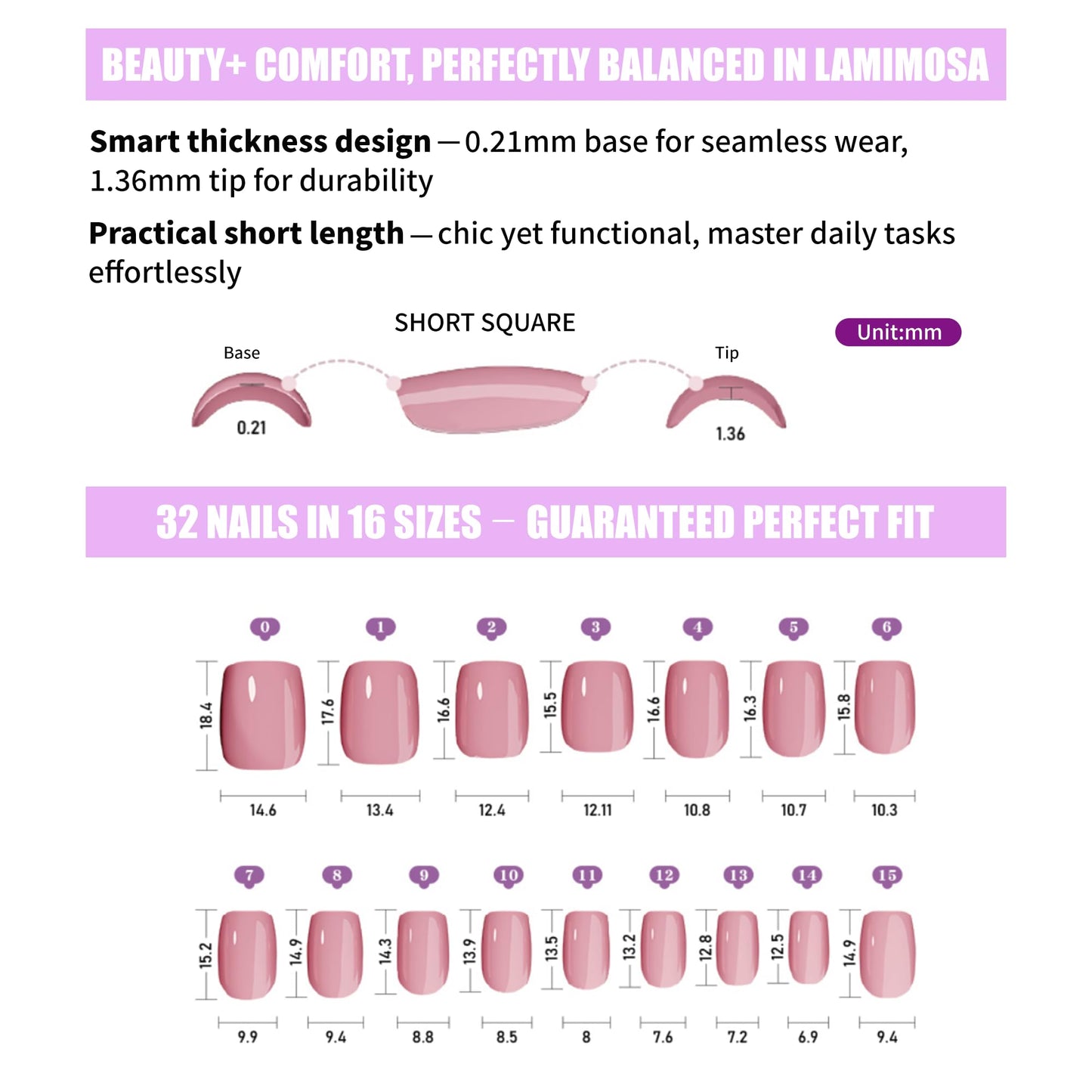 LAMIMOSA 32Pcs Black Press on Nails Short Square - Soft Gel Fake Nails in 16 Sizes, Reusable Solid Color Glue on Nails Kit, MIDNIGHT