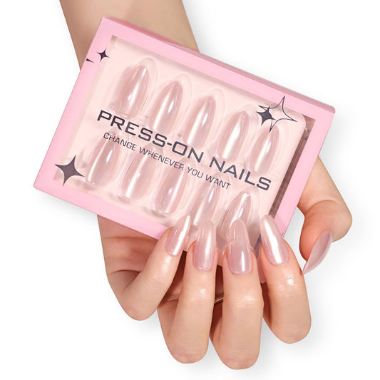 Almond Press-On Nails – 30 Pcs Glossy Chrome, French Tip & Solid Color Nail Set with Glue & Adhesive Tabs | PMMA Coated Reusable False Nails for Women & Teens (Cloud Veil, Medium)