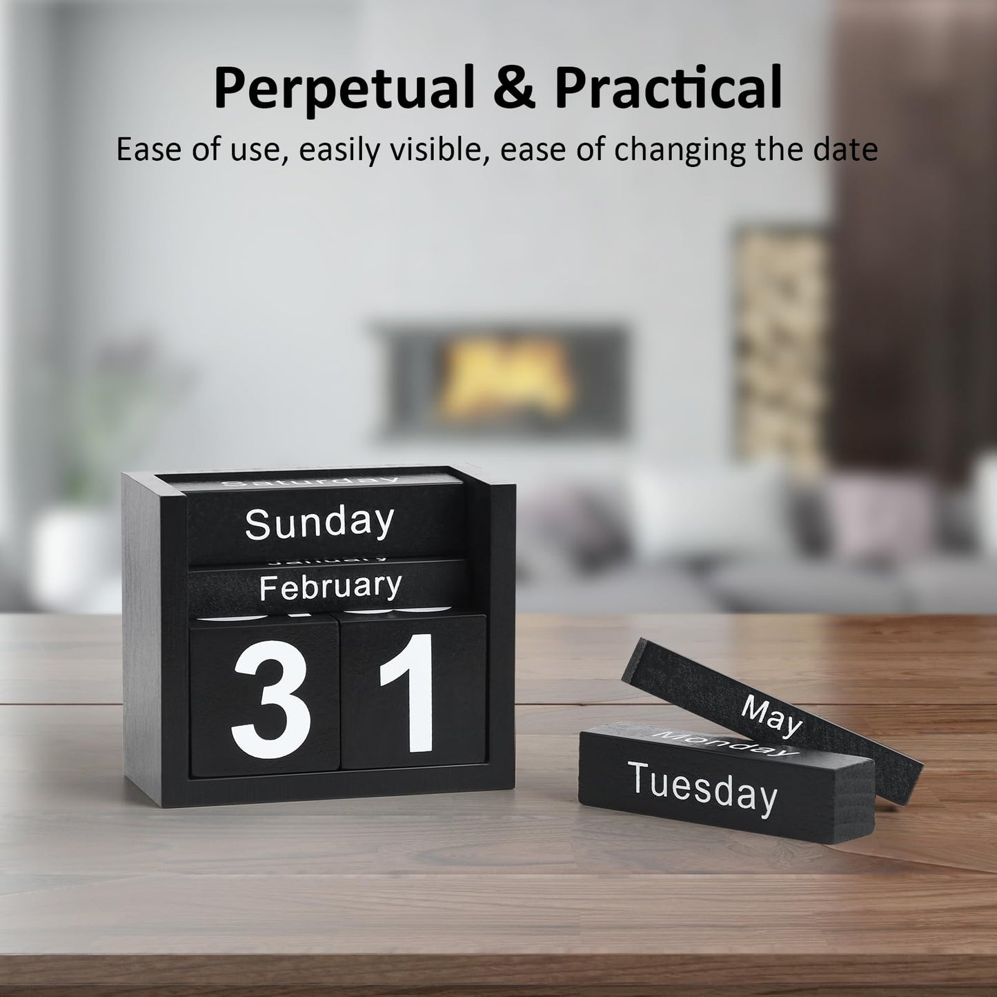 DEERINE Wooden Block Calendar for Desk, Daily Desktop Perpetual Desk Calendar, Cute Date Display Blocks Desk Accessory for Home Office Decor, Teacher, Classroom, Reusable Yearly, Black