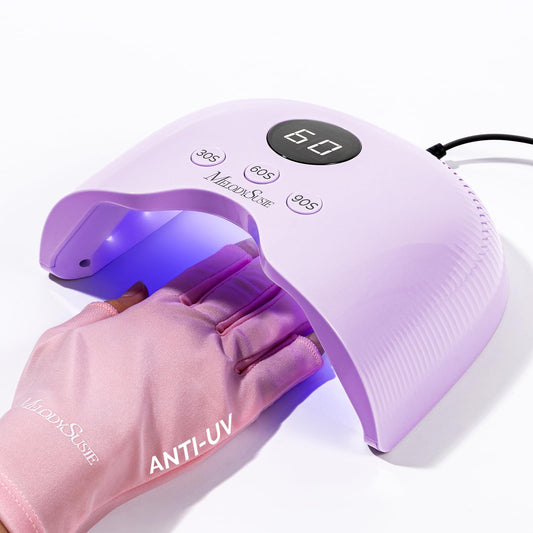 MelodySusie Compact LED UV Nail Lamp with UV Gloves, P-PLUS30A Nail Dryer with Smart Sensor Cures All Gels, Especially Rhinestone Glue, Liner & Cat Eye Gel Polishes for Advanced DIY at Home, Purple