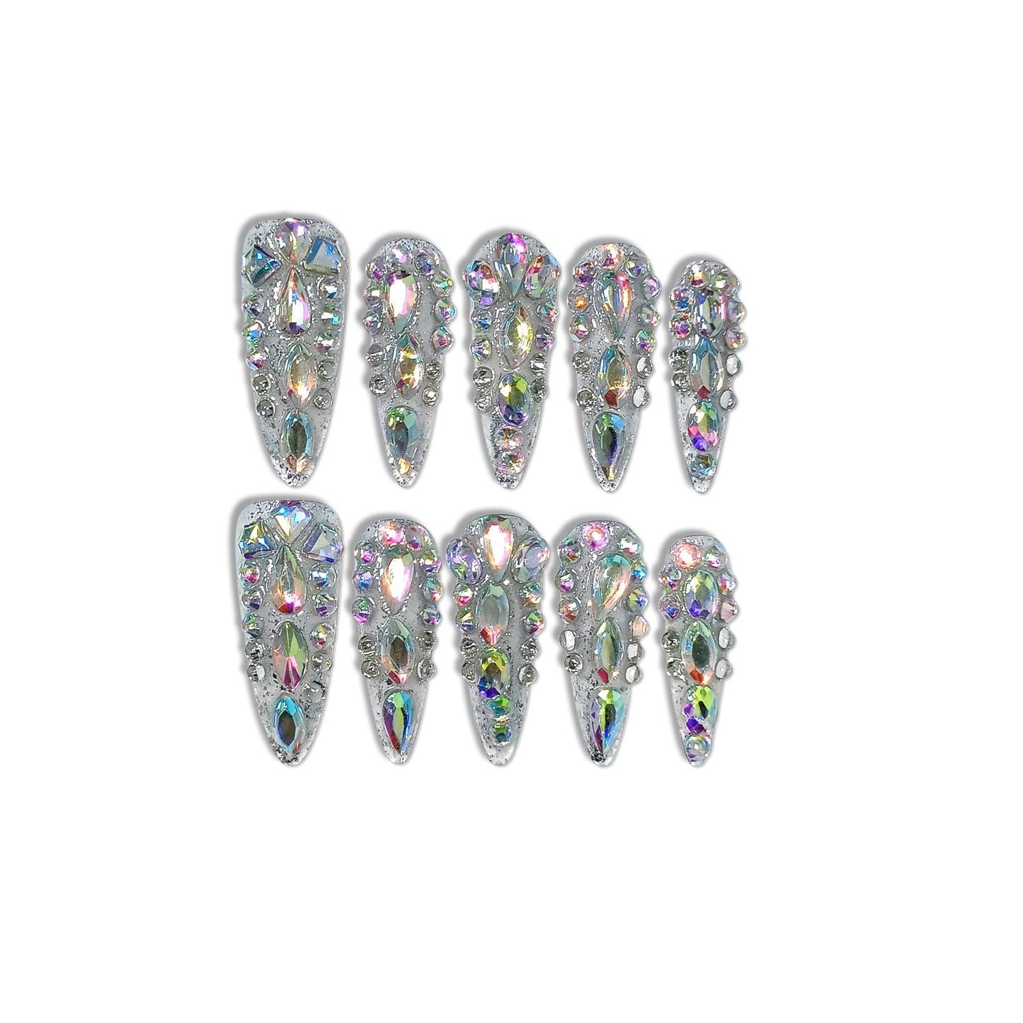 TENPAL 10Pcs Luxury Press On Nails Long Stiletto,Full Cover Crystal Glitter Fake Nail Set with Tools,Reusable Bride Wedding Nails for Bridal Party Bachelorette,Statement Making Glamorous Nail(M)