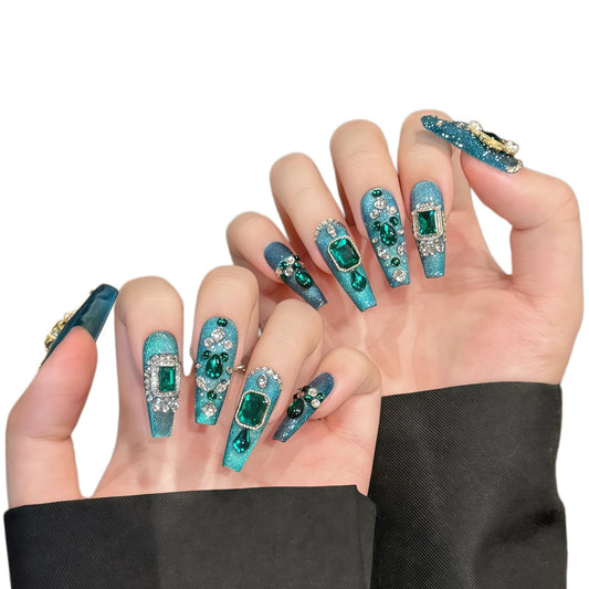 Tesytto Handmade Press on Nails Long Coffin - Emerald Green Luxury 3D Crystal Rhinestones Design, Salon Quality Reusable Fake Nails, Elegant False Nails for Women(Emerald Green Sparkle,S)