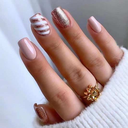 Christmas Press on Nails Medium Length Fake Nails Pink Acrylic Nails with Stripe designs Glitter Winter Christmas Glossy Nails Xmas Winter Glue on Nails for Women Girls Art Nail 24pcs