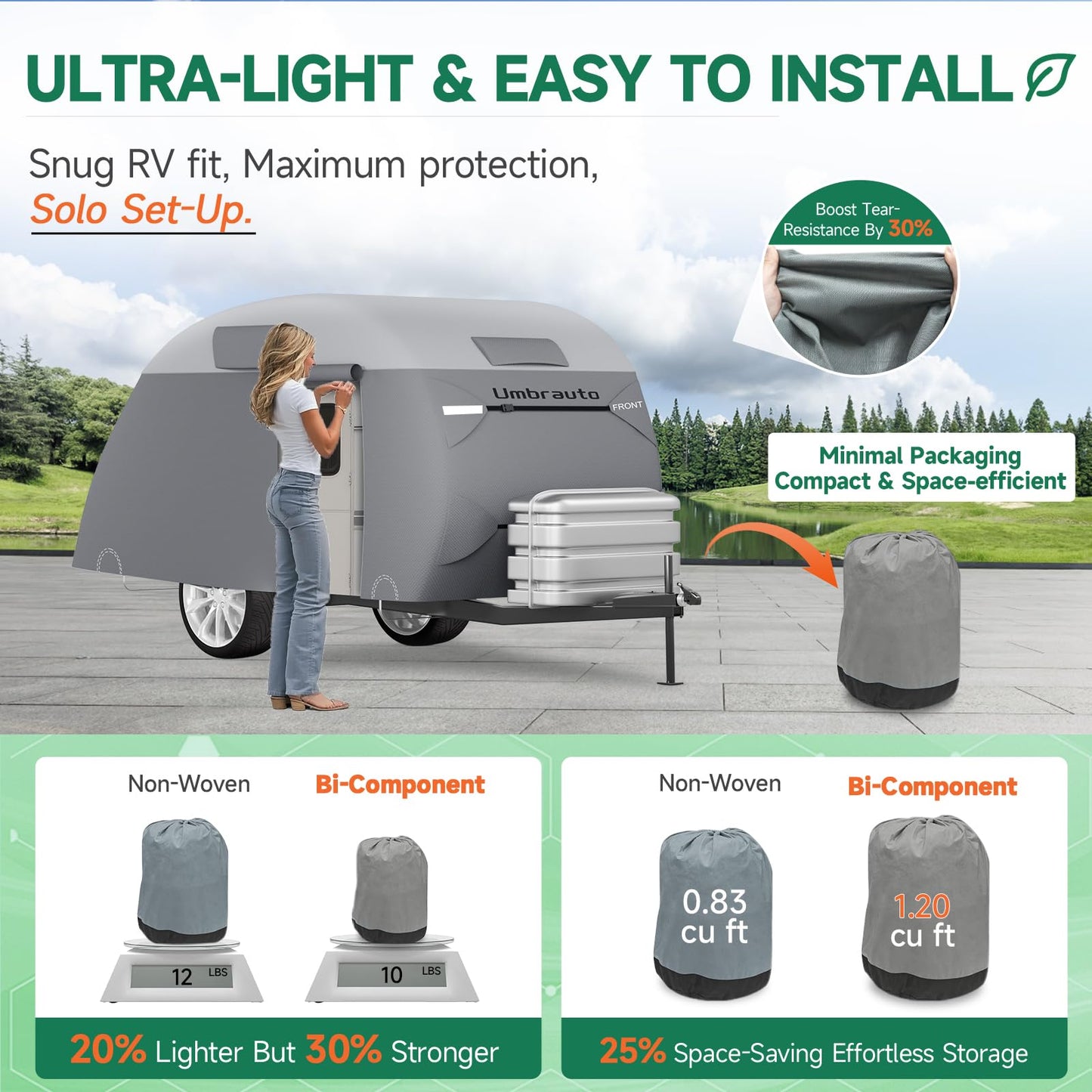 Umbrauto Teardrop Travel Trailer Cover Fits 10'-12' Trailers, 7 Layers Top Heavy Duty Waterproof Camper Cover with Windproof Strap for R-Pod Trailers, Clamshell Trailers
