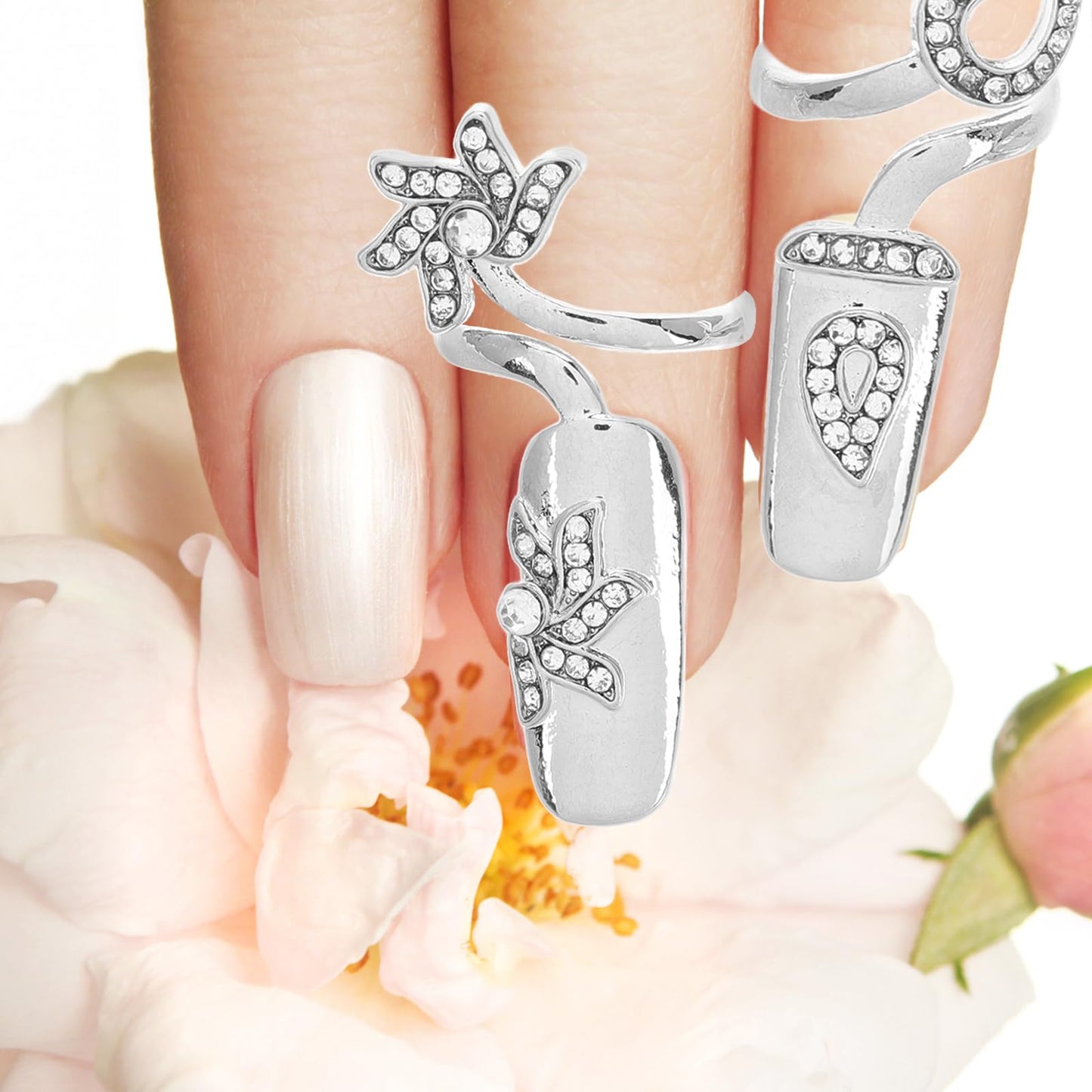 FRCOLOR 12Pcs Nail Rings with Rhinestone Metal Finger Rings Nail Decoration Fingernail Glitter Rings Nail Cover Ring Finger Patch Nail Jewelry