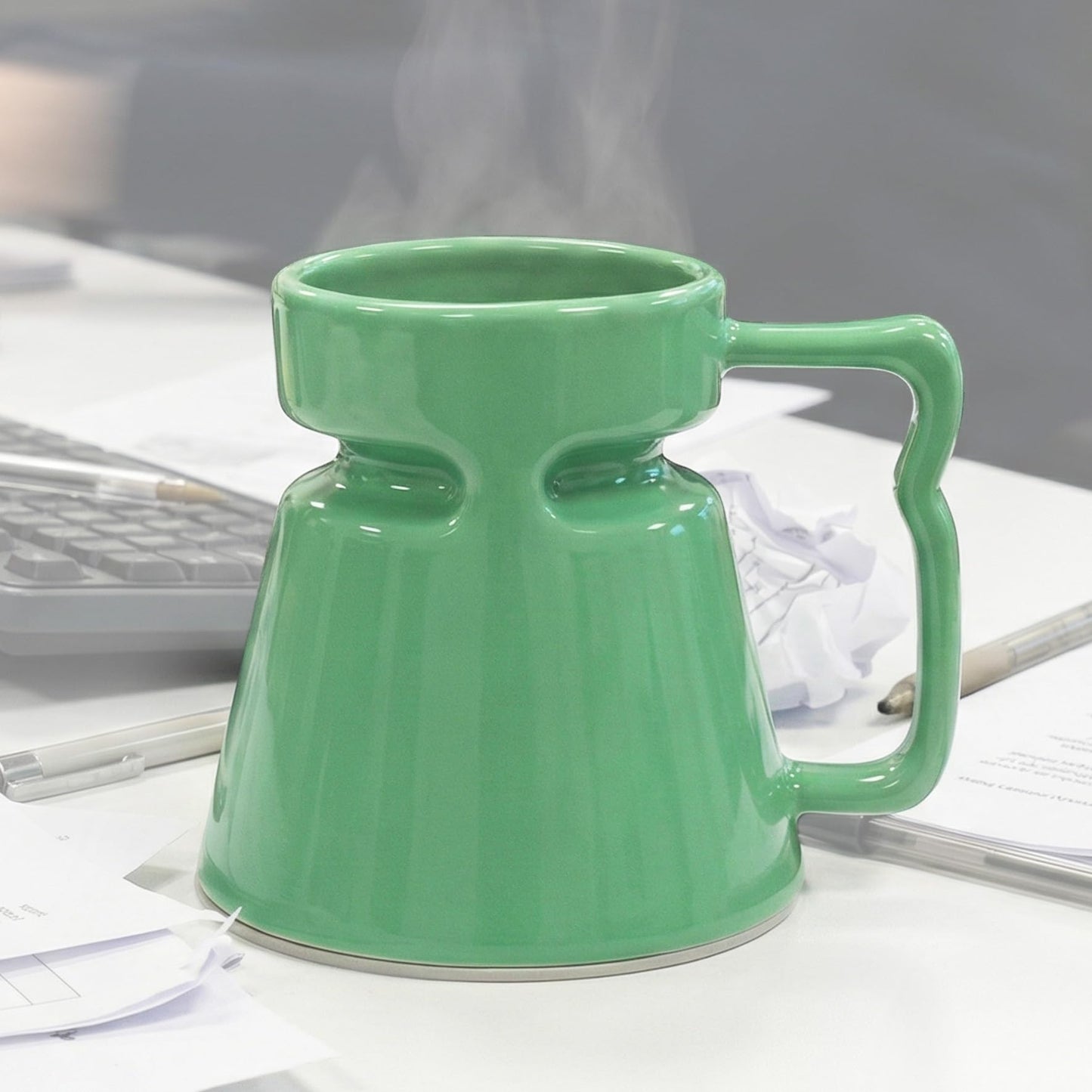 Wide Bottom Handmade Coffee Mug, Tip-Proof Ceramic Mug with Weighted Non-Slip Base, Stable Desk & Travel Mug for Office, RV & Boat, Retro Sci-Fi Design, Unique Appreciation Gift
