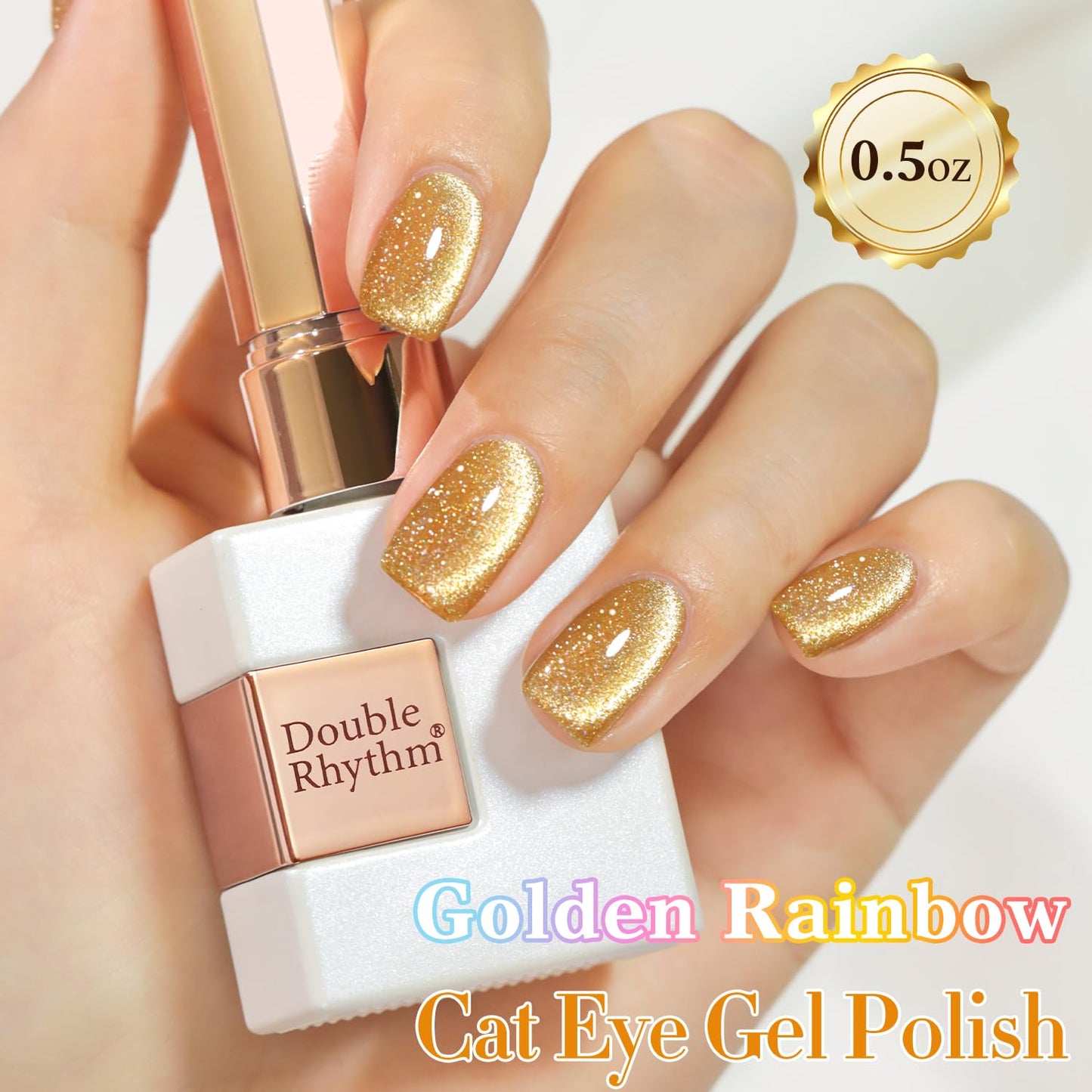 Double Rhythm Cat Eye Gel Polish with Magnet 15ML Holographic Glitter Shimmer Translucent Sheer Color Glass Magnetic Gel Polish Salon DIY at Home (Light Gold-MC1064)