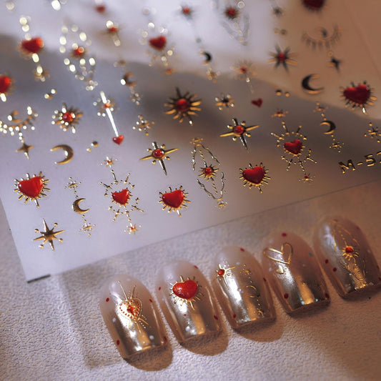 Valentine’s Day Nail Stickers Heart Nail Art Sticker 5D Embossed Self-Adhesive Nail Decals for Nail Art Gold Star & Moon Nail Designs Decals for Women Manicure Decorations