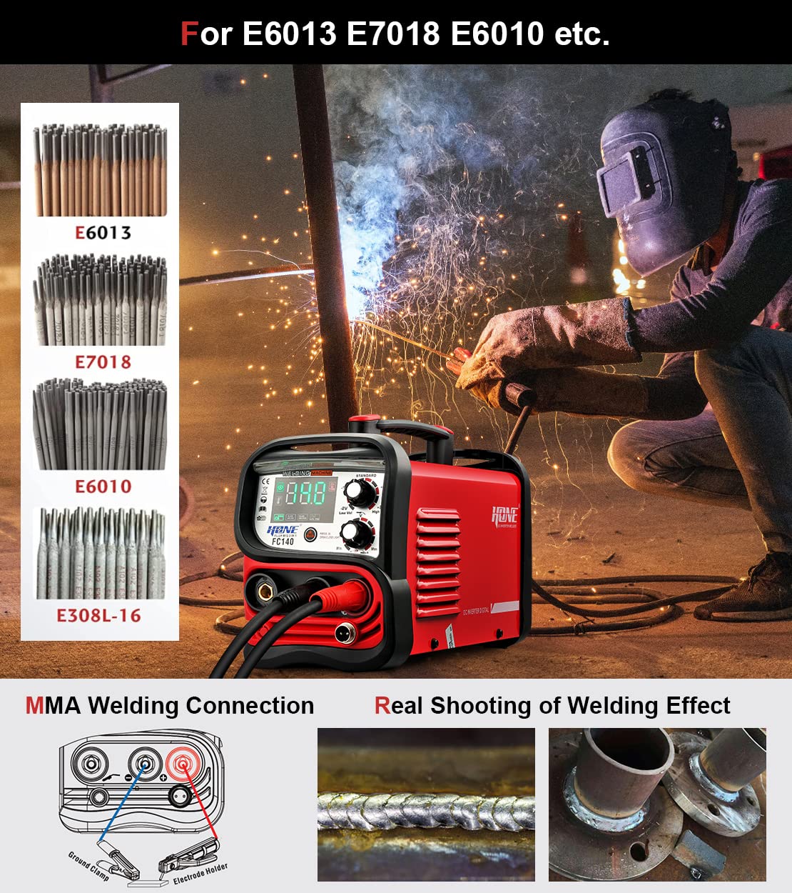 HONE Flux Core Welder, Actual 140Amp MIG Welder 110V, 3 in 1 Synergic Gasless Wire Welder/Stick Welder/Lift TIG Welding Machine, IGBT Inverter with Large LED Display and 2lb Welding Wire.