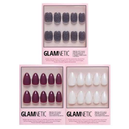 Glamnetic Press-On Nails Bundle - Merlot, Hailey & Cosmic | Matte Short Almond Dark Red Nails with Glossy French Tips | Glazed Almond False Nails | Sparkly Black Squoval Fake Nails