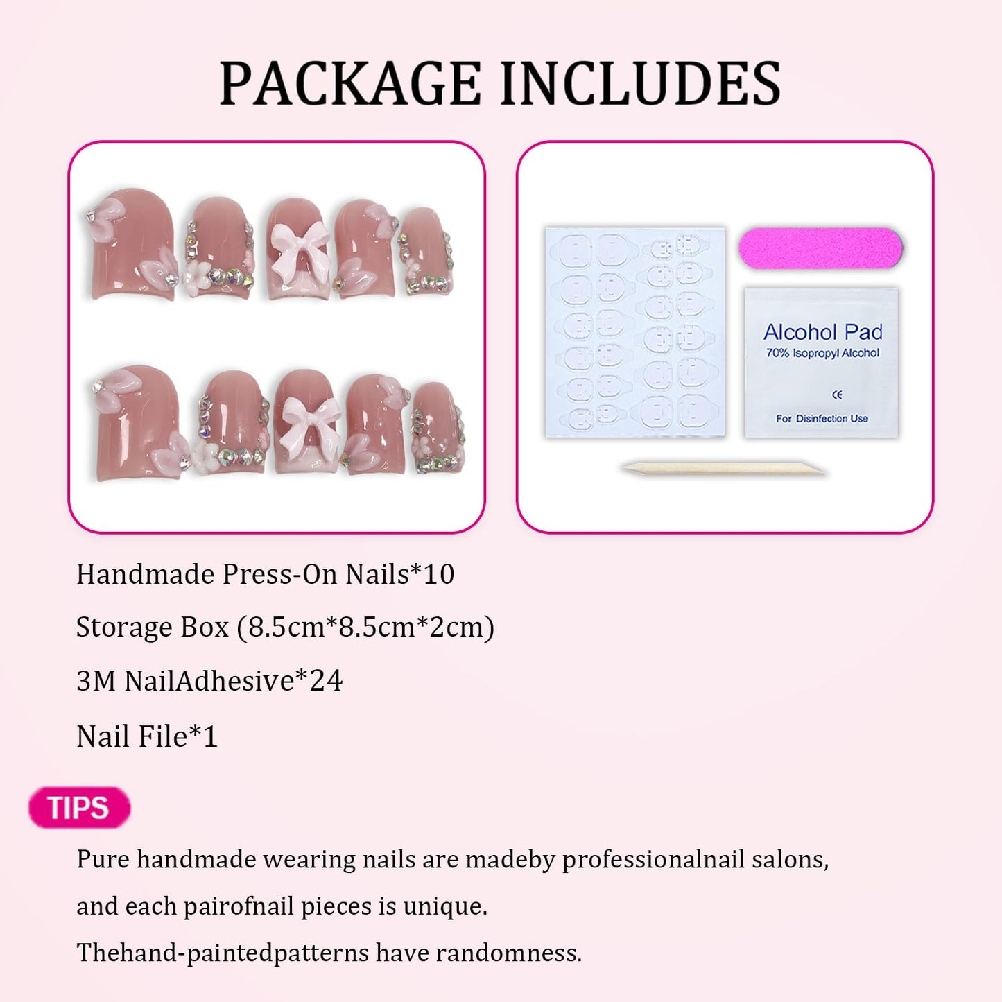 10 Pcs Handmade Press on Nails Short Square Fake Nails with 3D Bow Flower and Rhinestone Design Pink French Tip False Nail Muti-Layer Gel Artificial Nails Full Cover Stick on Nail for Women (S)