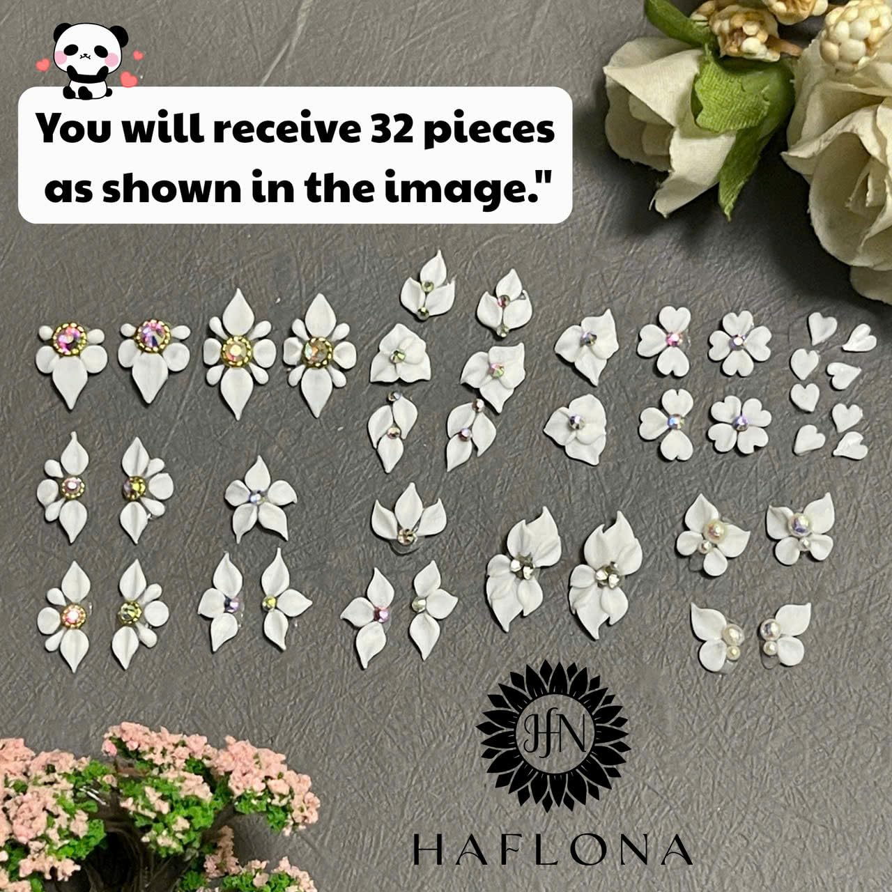Set 32Pcs 3D White Acrylic Flower Nail Art Charms Handmade by Acrylic Powder -Flowers Nail Rhinestones Kit 3D Crystal Nail Pearls Design Acrylic Nail Art for Women (White)