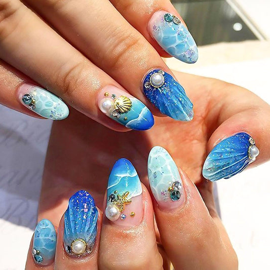RUOKEXIN Almond Press on Nails Medium Fake Nails Beach False Nails with 3D Shell Designs Summer Blue Nail Press ons Sparkly Artificial Nails for Women 24Pcs