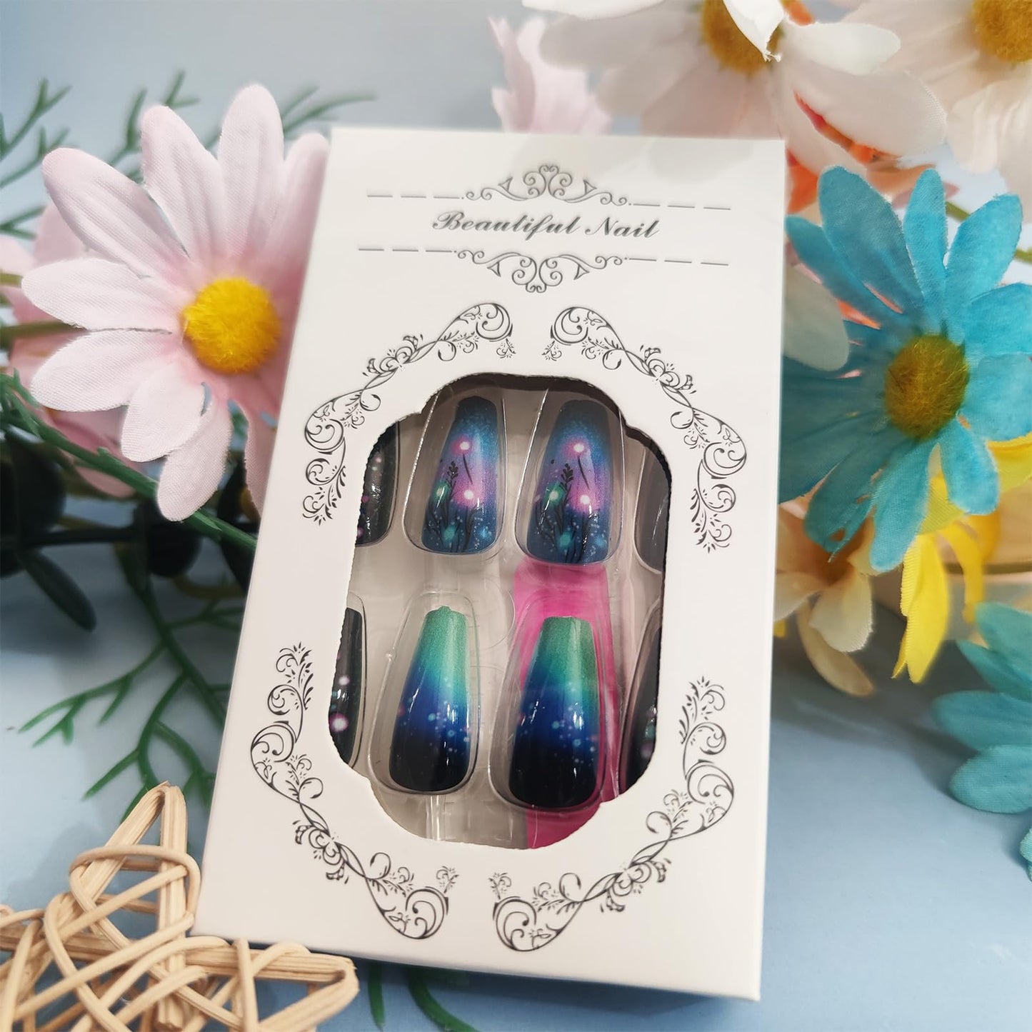 Starry Sky Press on Nails Nebula Acrylic Full Cover Fake Nails Milky Way Stick on Nail 24Pcs Glossy Blue Gradient Medium Coffin False Nail Purple Ombre Gel Glue on Fingernails for Holiday Manicure Art