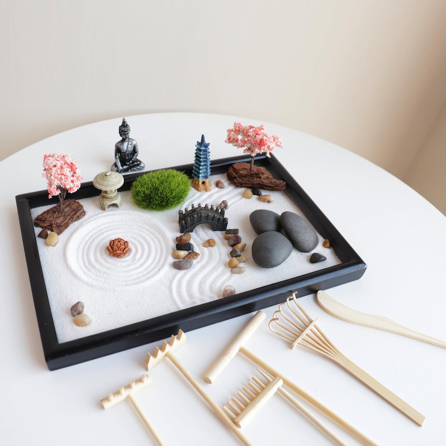 SUMWE Zen Garden for Desk Mini Japanese Desktop Sand Office Miniature Zen Garden Box with Kit 11.8 X 7.9 in