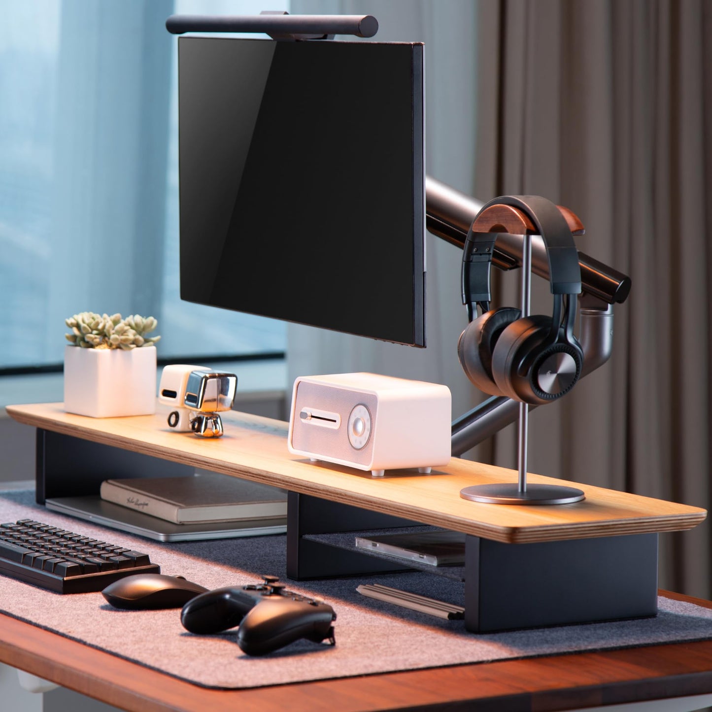 IVE Design White Oak Wood Desk Shelf for Top of Desk 44 Inch Length Wood Monitor Riser with Middle Shelf