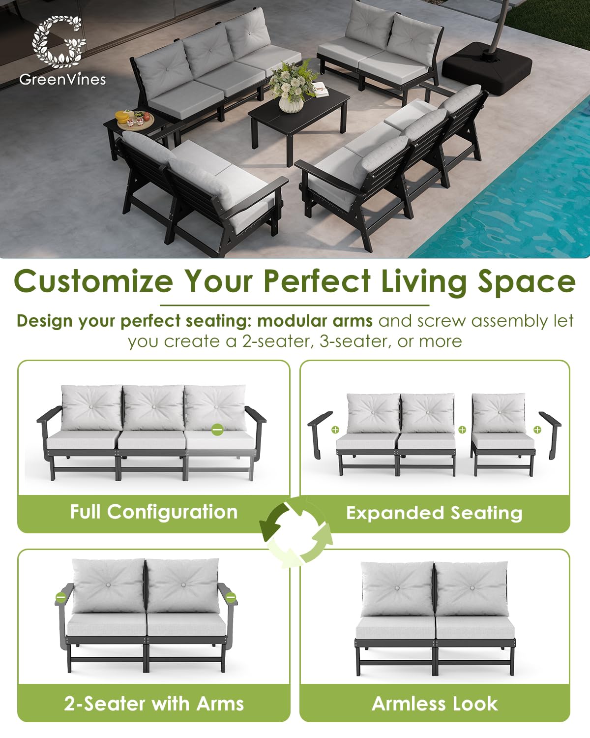 GREENVINES 6-Piece-Patio-Furniture-Set | HDPE Plastic | Outdoor Sectional Conversation Sets | All-Weather Couch | Sofa with Coffee Table | Detachable Armrests | for Deck Lawn | Black