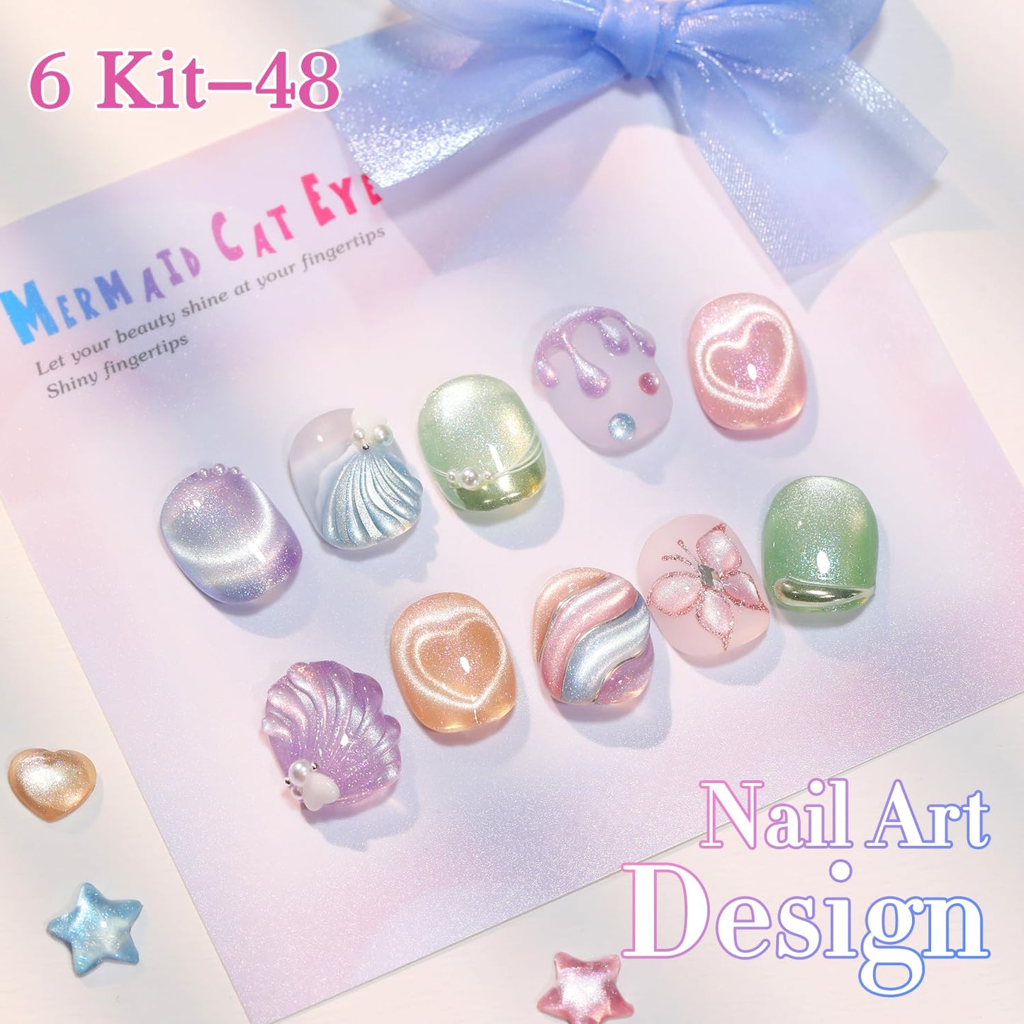 Double Rhythm 6 Colors Cat Eye Gel Polish Set Shimmer Glitter with Magnet Holographic Reflective Magnetic UV Nail Art Kit (6-Kit-48)
