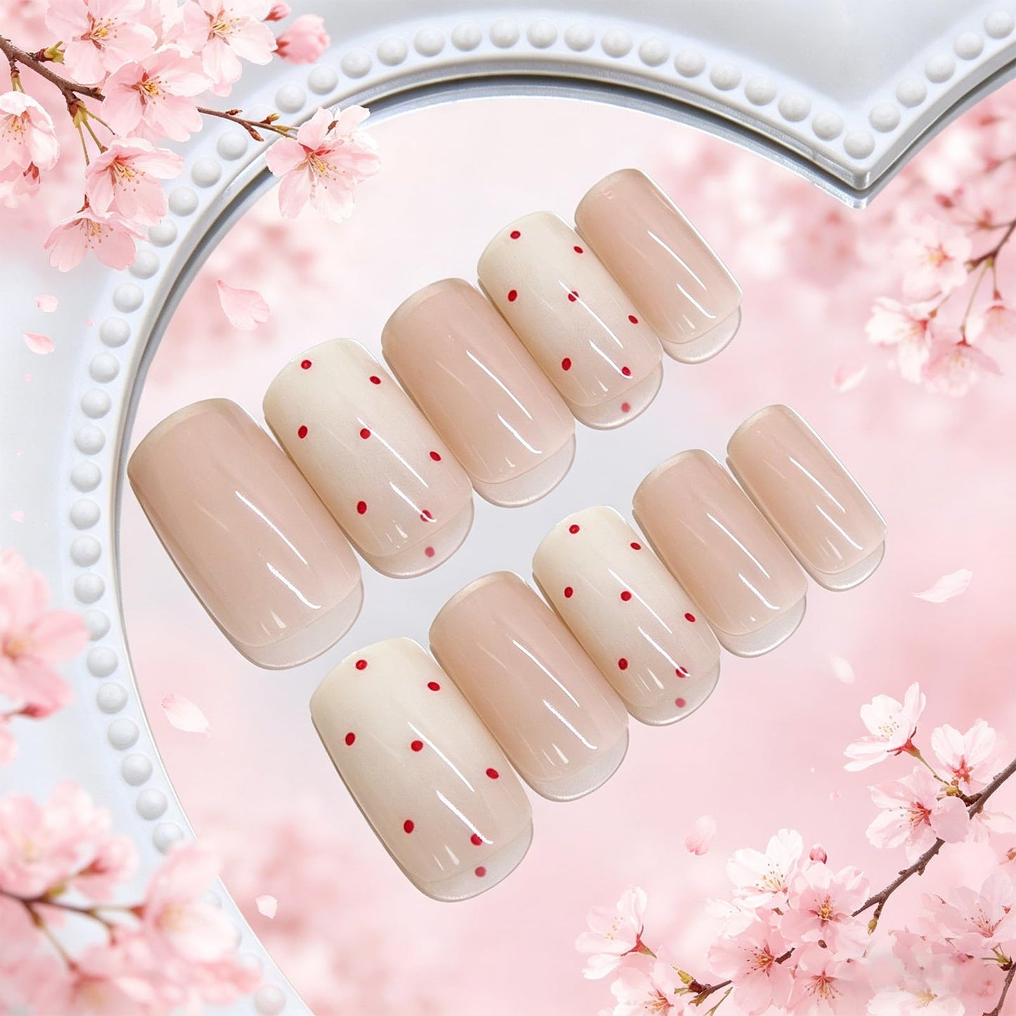 Nude Beige Gradient Press on Nails with Red Dot Accents, Medium Square False Nails, Polka Dots Stick on Fake Nail Reusable Glue on Artificial Nail for Women Minimalist Daily Wear