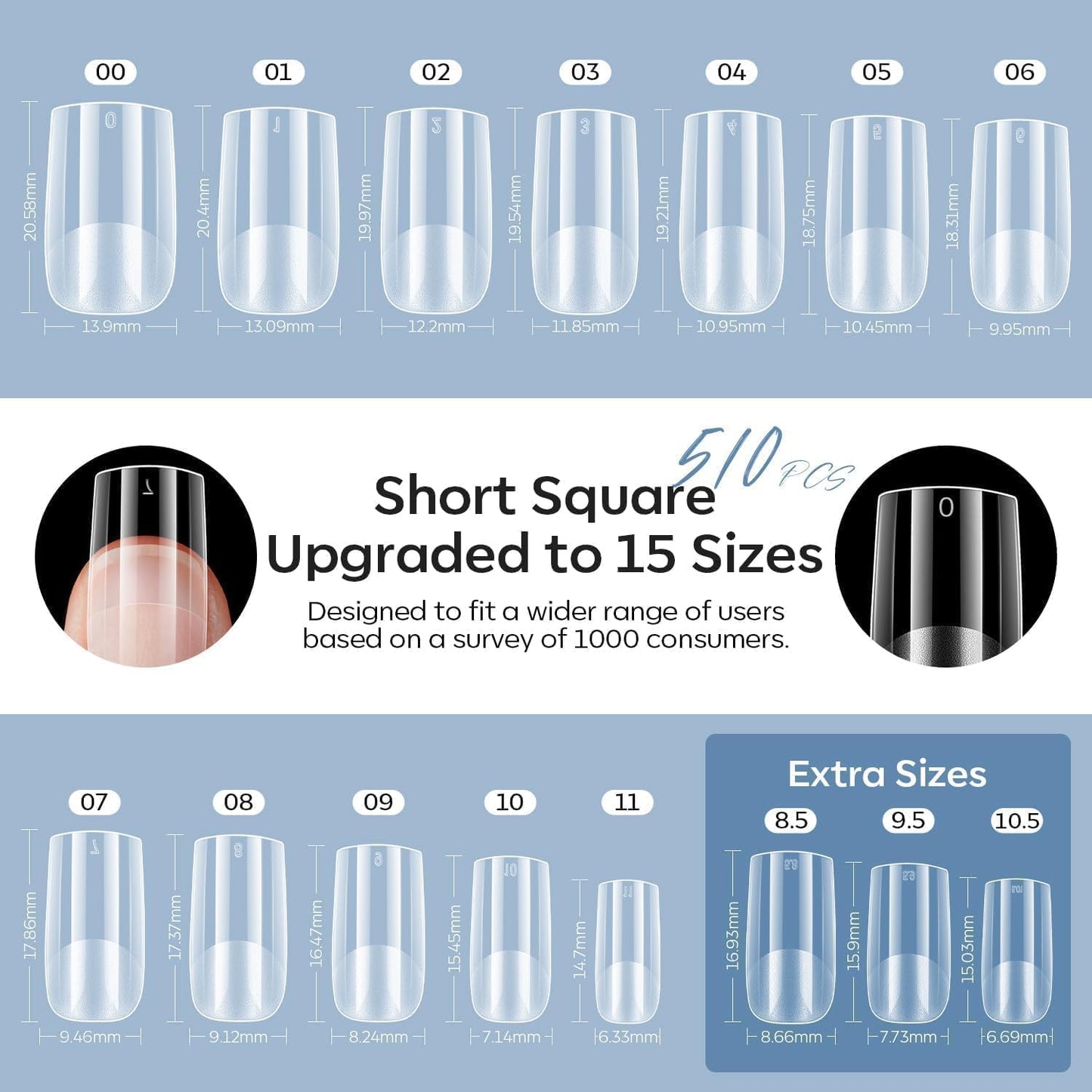 modelones X Nail Gel Kit,15Sizes Gel Nail Tips Short Square, 9-in-One Glue Prep Dehydrator & Portable Led Lamp, 510Pcs Pre-shaped Square Press On Extension Kit DIY Salon Home Gift for Women
