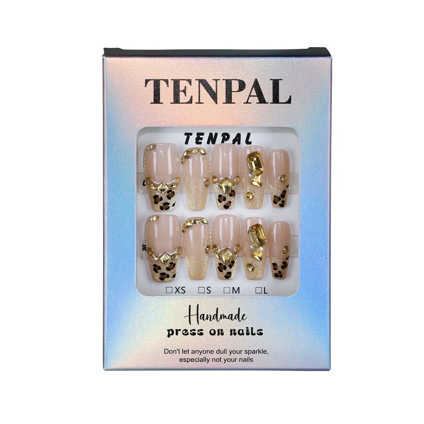 TENPAL Handmade Leopard Cat Eye French Glitter Design Fake Nails,Resuable 10Pcs Press on Nails Medium Kit,Luxury Coffin Shaped Glam Glue on Nails for Women Daily Use, Bridal,Autumn Winter Parties(M)