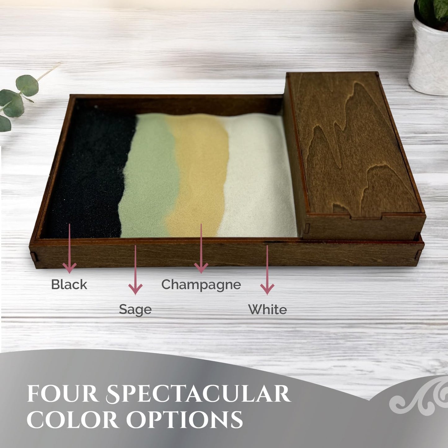 Wooden Zen Garden with Storage Box | Desert Luxe Sand with Rake & Accessories | Minimalist Decor Gift for Relaxation