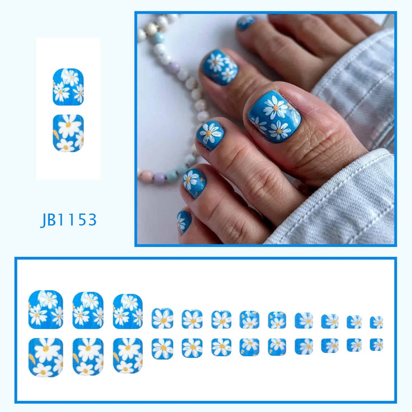 Daisy Press on Toenails Short Square Fake Toe Nails with Flower Designs Summer Beach Toe Nail Press ons Blue Glue on Toe Nails Acrylic Stick on Toenails for Women Manicure 24Pcs