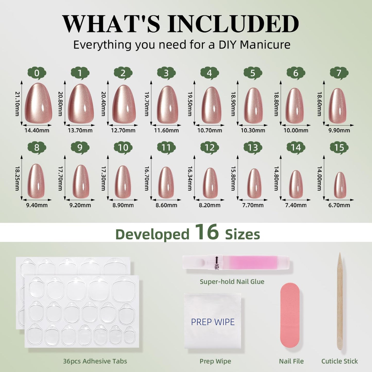 Cat Eye Press On Nails - Mauve Short Almond Fake Nails, CatEye Press On Nails Reusable Stick On Nails in 16 Sizes, 32pcs False Nail Kit for Women & Girls (Metallic Mauve)