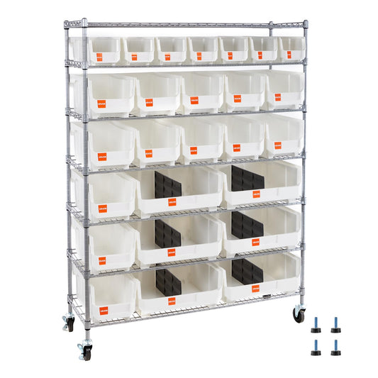 VEVOR 7-Tier Rolling Bin Storage Rack, 26 Organizer Bins, Bin Rack Storage Steel Wire Shelving System with Wheels, Mobile Tool Organizer for Garage, Warehouse, Office, Restaurant, Kitchen, Classroom