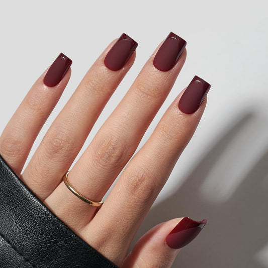 BTArtbox Press on Nails Short Square - Dark Red Nails with Glossy French Tips in a Matte Finish, Soft Gel Fake Nails Glue On Nails in 16 Sizes, Cozy Cocoa