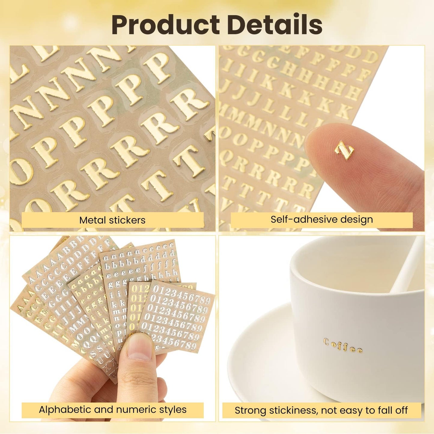 EORTA 6 Sheets 4.5mm Alphabet Number Stickers Mini Letters Stickers Glitter Alloy Self Adhesive Stickers for Keyboard Epoxy Resin Casting Decoration DIY Crafts Scrapbook, 4.5MM