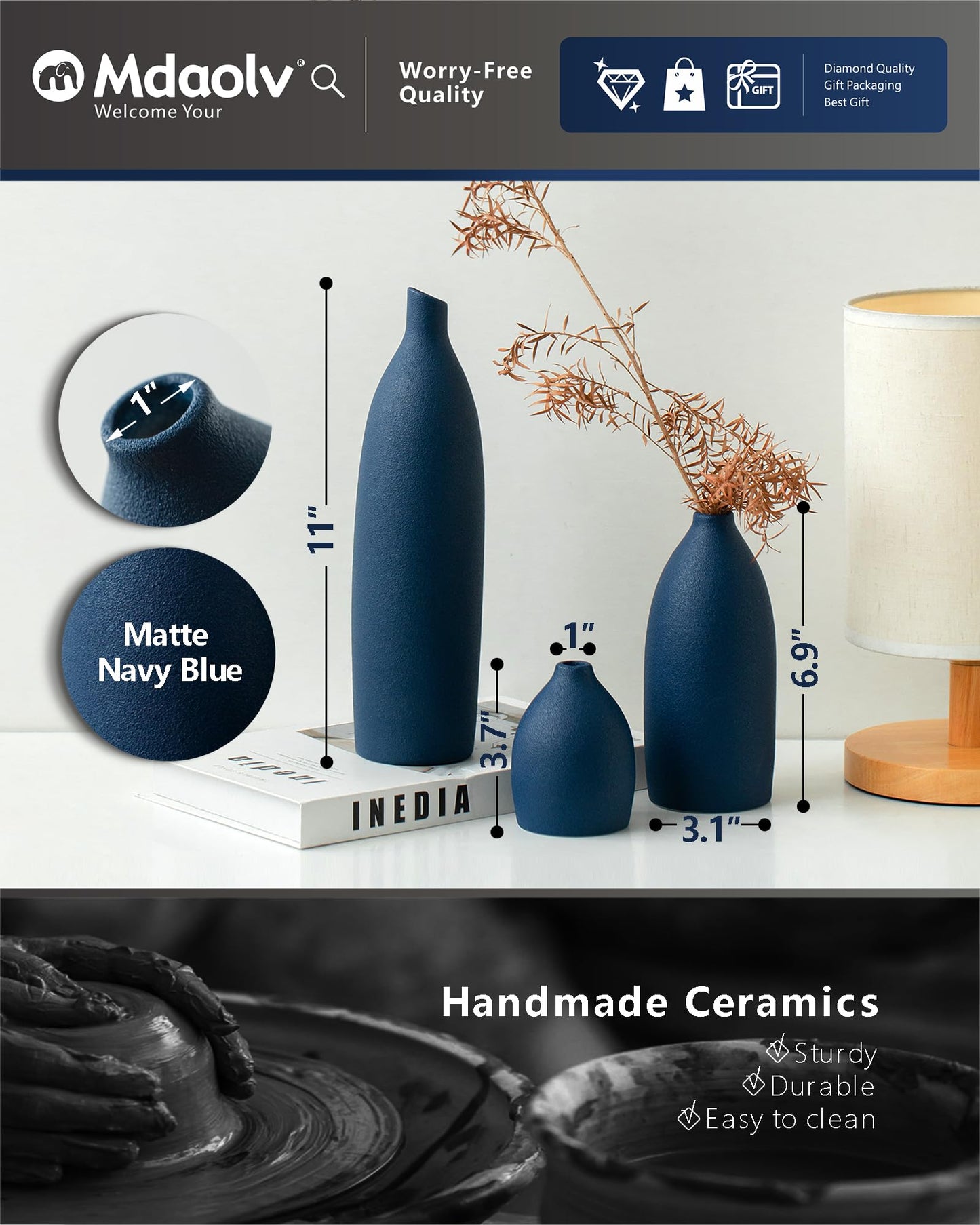 Mdaolv Matte Blue Vase Set Navy Blue Decor Coastal Decor Vases for Kitchen Island Living Room Office Table Fireplace Mantle Decorations & Bathroom Shelf Decor Centerpiece Table Decorations Ceramic