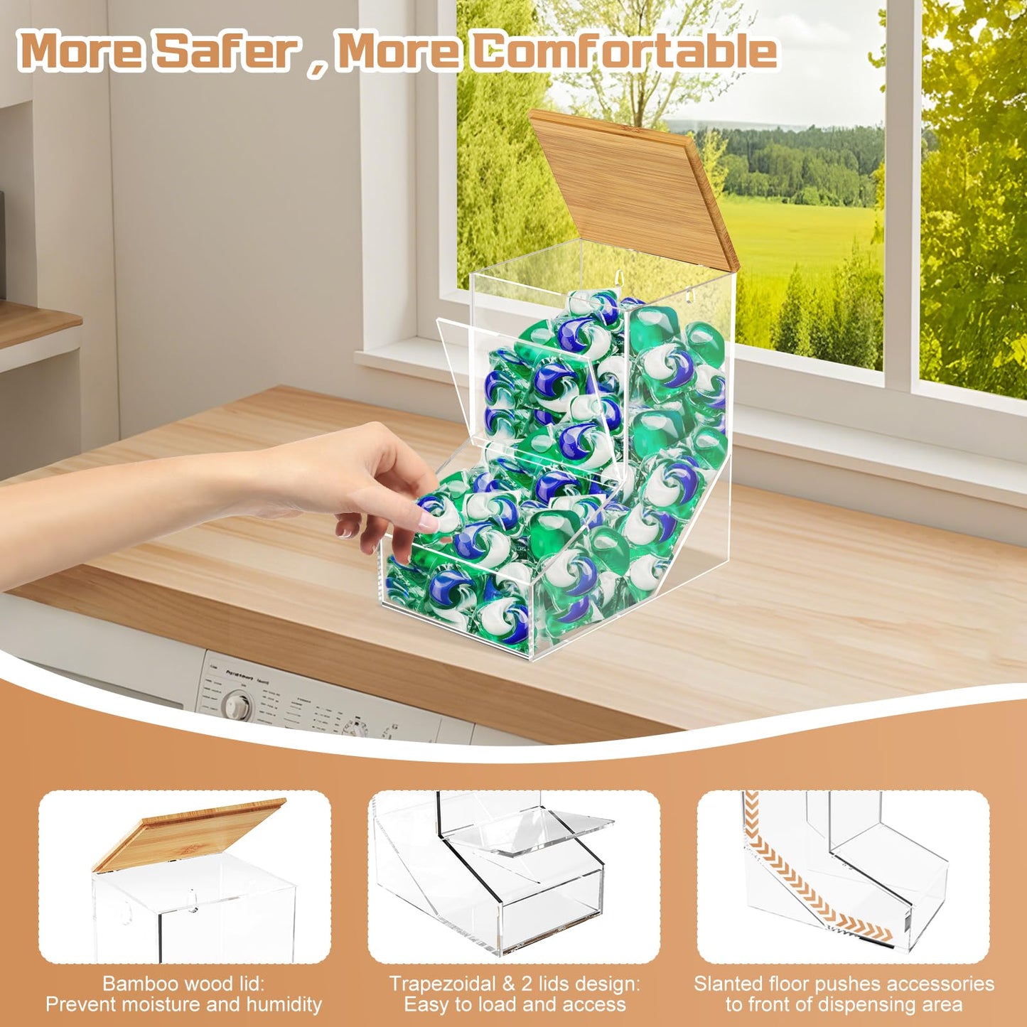 JYPS Laundry Pods Container, Acrylic Dishwasher Pods Holder w/ 2 Lids, Dispenser For Powder, Dryer Balls, Beads, Soap Organizer For Room Desktop / Wall Mount, Snack Candy Organization Storage