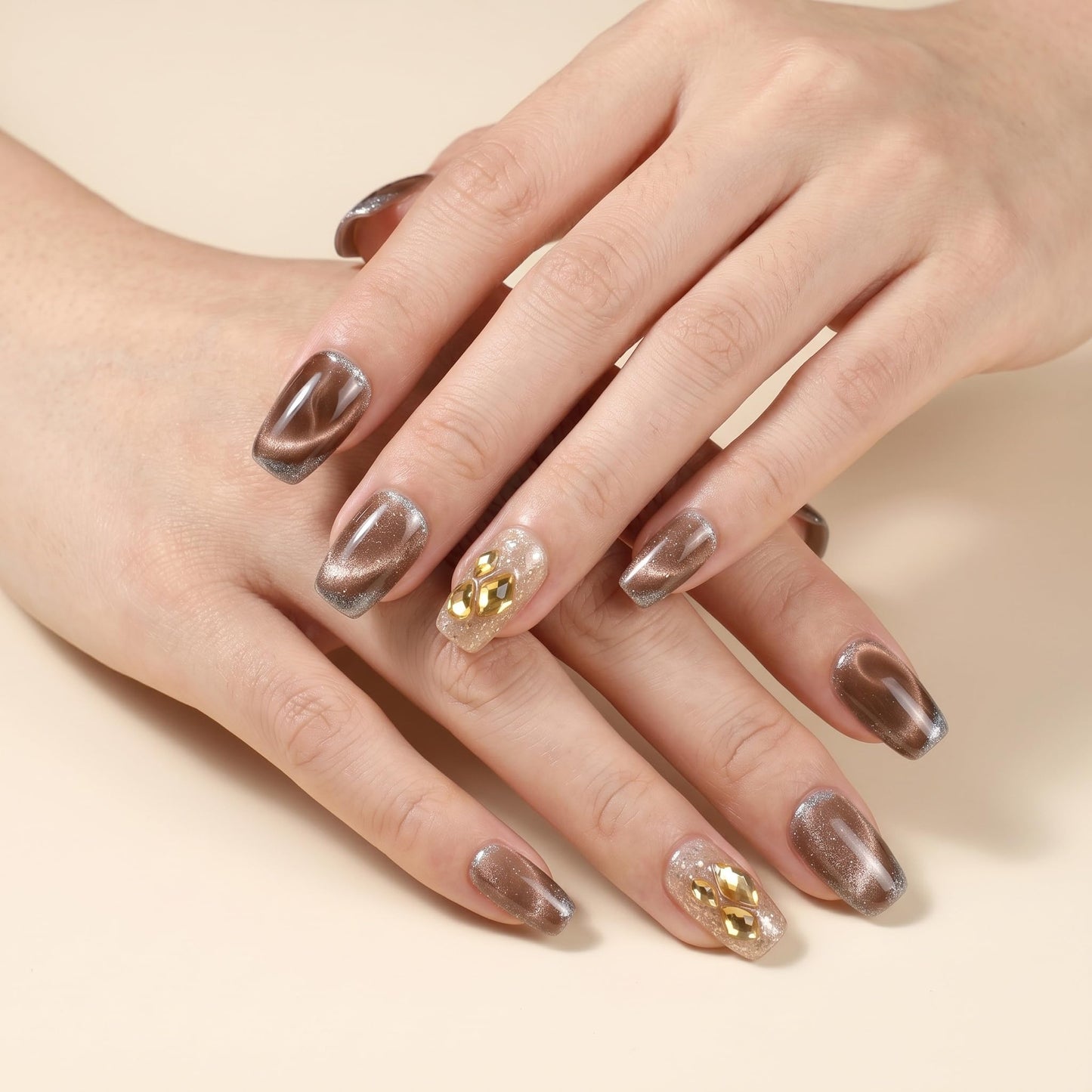Sun&Beam Nails Handmade Short Medium Coffin Ballerina Brown False Nail Tips with Cute 3D Diamond Popular Charm Design Press On Nails 10 Pcs (#73 M)
