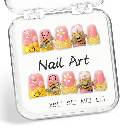 10 Pcs Duck Press on Nails Duck Handmade Acrylic Nail 3D Luxury Handmade Butterfly Bee Designs Rhinestone French Tip Fake Nails Flower Acrylic Stick on Nails Full Cover Thick False Nail for Women（M）