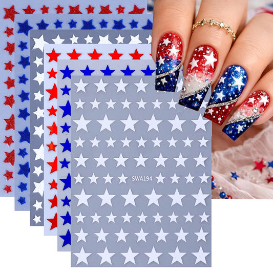 6 Sheets 3D Star Nail Stickers for Nail Art - Self-Adhesive Red Blue White Star Nail Decals, Patriotic 4th of July Independence Day Nail Supplies Sticker for Women DIY Manicure Decor Nails Accessories