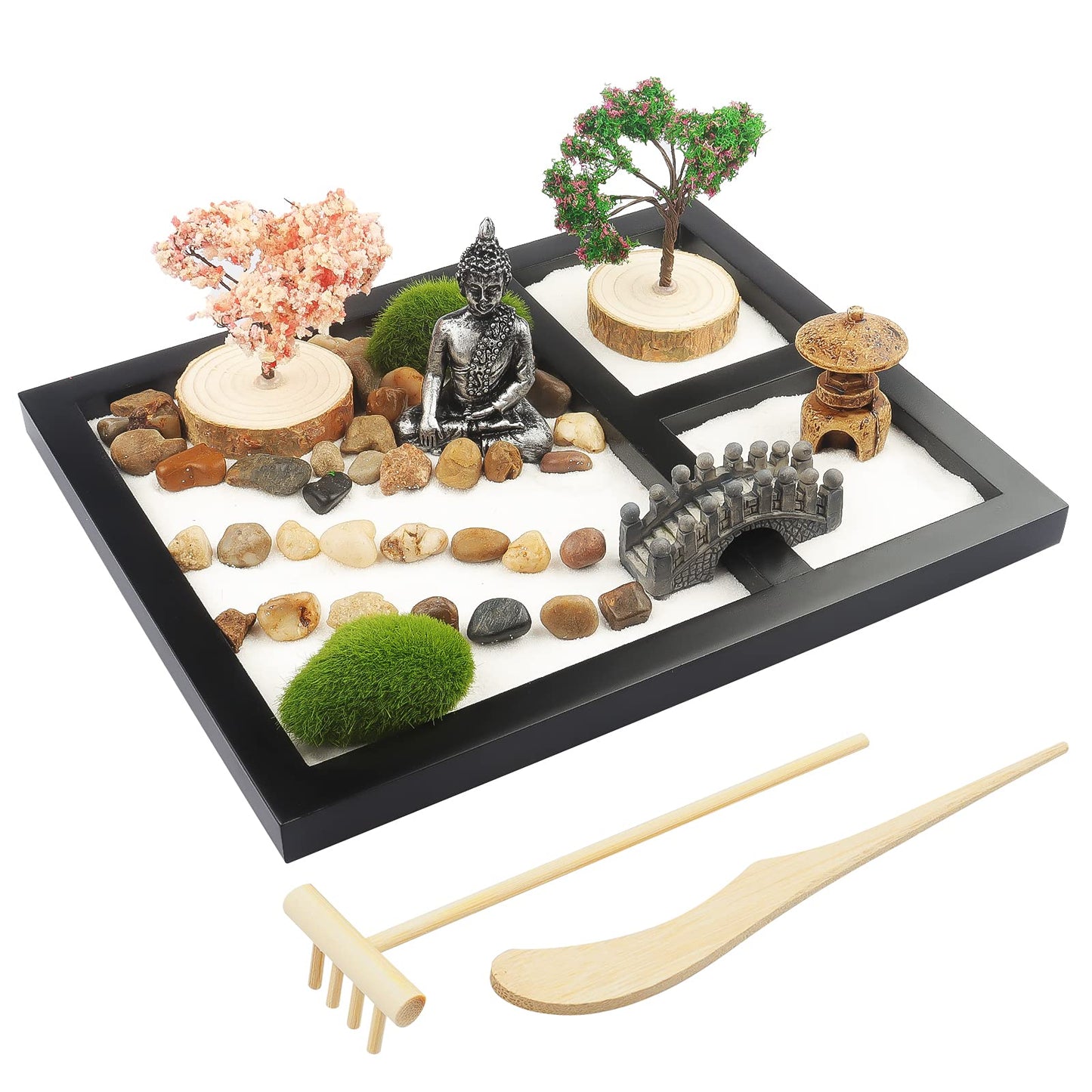 Sakura Budah Desktop Mini Zen Garden - 9" x 7" with White Sand, Artificial Bonsai Tree, Rocks, Rakes & Accessories - Meditation Gift for Office Decor