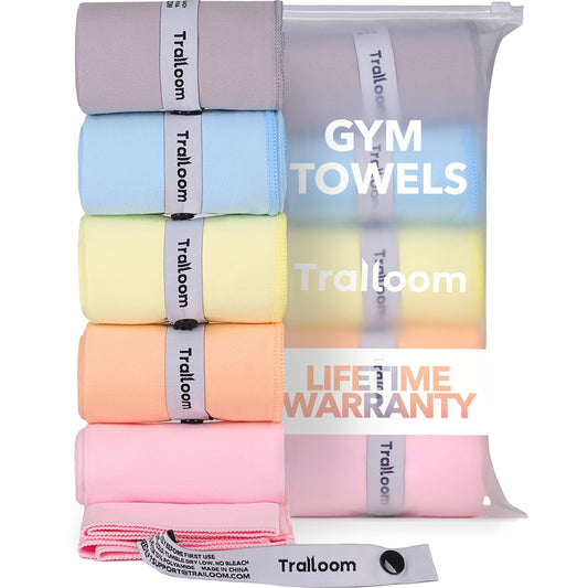 Trailoom Microfiber Workout Towels - Quick Dry, Highly Absorbing, Odor-Free, for Women & Men - Gym Sweat Sports Towel for Hot Yoga, Tennis, Running, Exercise, Working Out, Camping, Set of 5 Pastel
