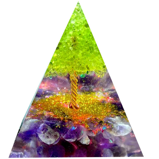Saefheled Tree of Life Orgone Pyramid,Natural Energy Peridot Amethyst Orgonite Healing Crystal Pyramid,for Reduce Stress,Balance Chakra,Meditation Attract Luck,Accumulate Wealth Health(6cm)
