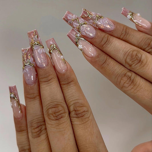 MISUD Press on Nails - Long Coffin Fake Nails with Pink Flower, Acrylic Gold Chrome Design 24 pcs