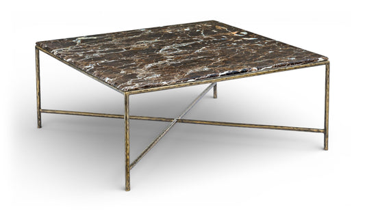Meridian Furniture 77002Brown-CT Valen Collection Modern | Contemporary Coffee Table with Emperador Marble, Forged Iron Metal Frame, Dark Bronze Finish, 38" W x 38" D x 16" H, Brown/Antique Bronze