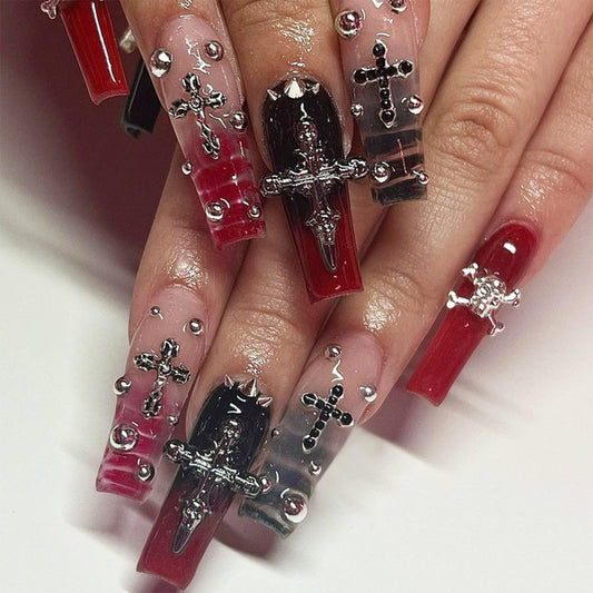 IMRAIN Long Press on Nails Square Red Black Gradient Fake Nails Punk Cross & Rivets Glue on Nails Full Cover Acrylic Stick on False Nails Goth Squoval Nail Manicure for Women Girls